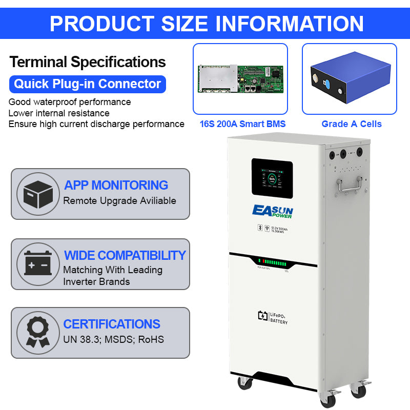 Batteria LiFePO4 15 kWh 48 V (51,2 V nominale) 300 Ah per Accumulo Solare/Fotovoltaico/Off-Grid | EASUN