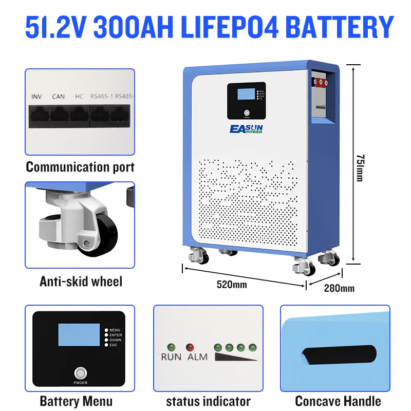 Batteria Accumulo Solare LiFePO4 15kWh 51.2V 300Ah da Parete | EASUN