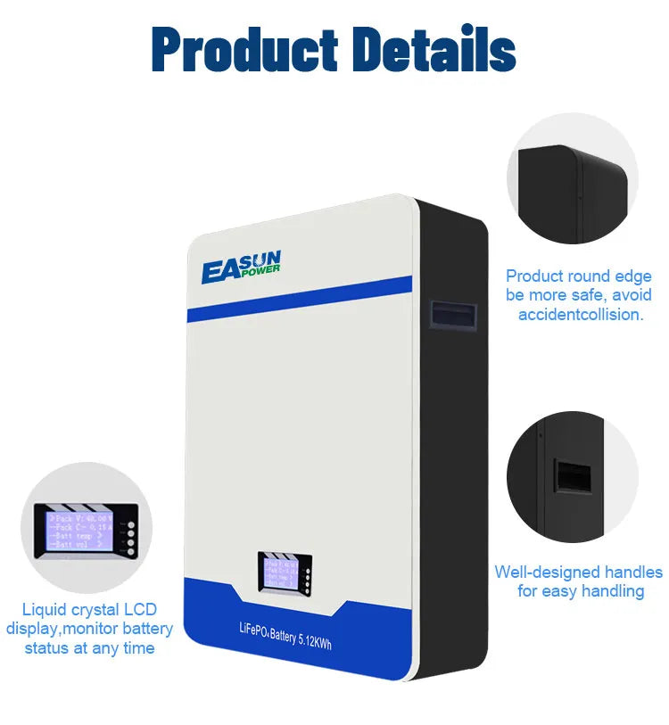 Batteria Accumulo Solare LiFePO4 5kWh 51.2V 100Ah da Parete | Easun