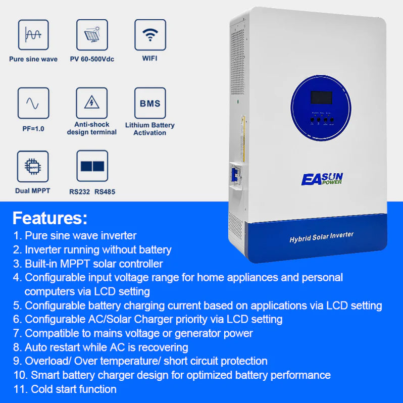 Inverter Solare Ibrido 11kW 48V MPPT 150A WiFi Parallelo Off-Grid | Easun