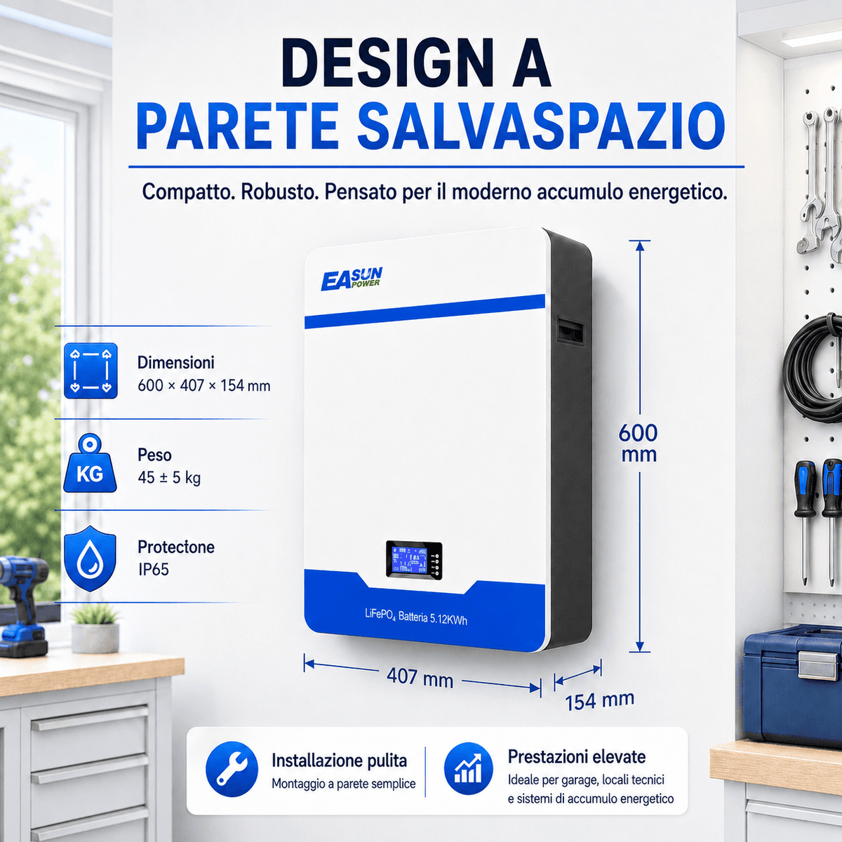 Batteria Accumulo Solare LiFePO4 5kWh 51.2V 100Ah da Parete | Easun