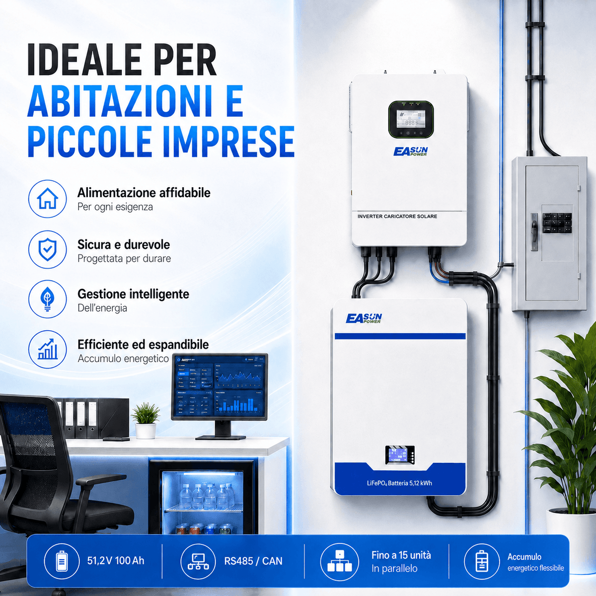 Batteria Accumulo Solare LiFePO4 5kWh 51.2V 100Ah da Parete | Easun