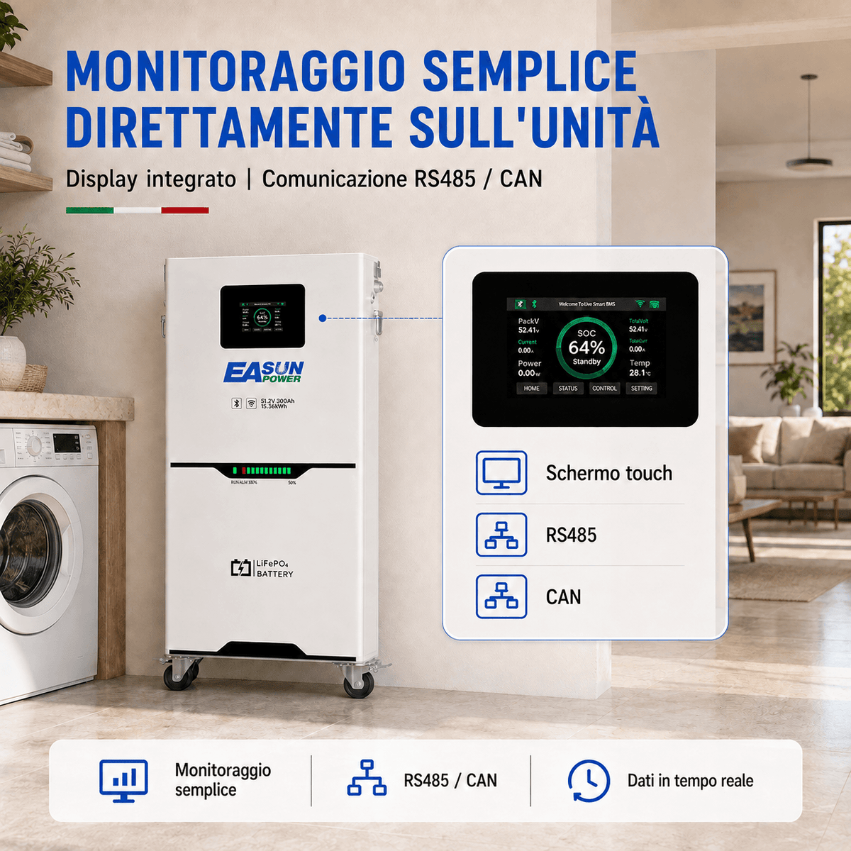 Batteria Litio Fotovoltaico 15kWh 51.2V (300Ah) EASUN | Schermo Touch LCD