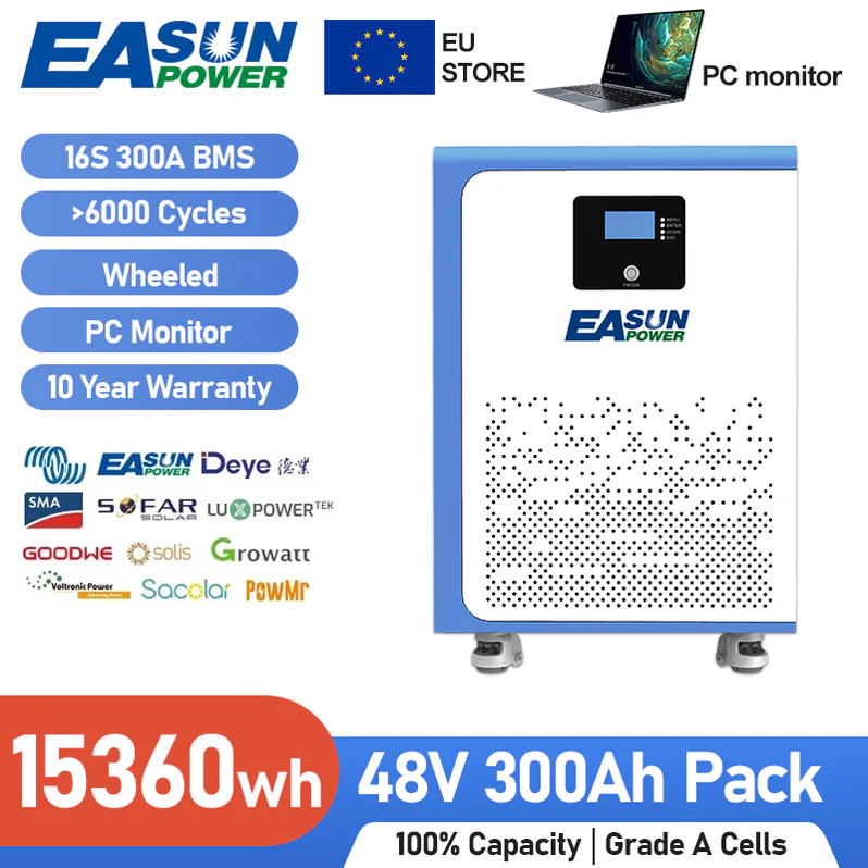 Batteria LiFePO4 15 kWh 48 V (51,2 V nominale) 300 Ah per Accumulo Solare/Fotovoltaico/Off-Grid | EASUN