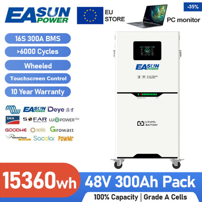 Batteria LiFePO4 15 kWh 48 V (51,2 V nominale) 300 Ah per Accumulo Solare/Fotovoltaico/Off-Grid | EASUN