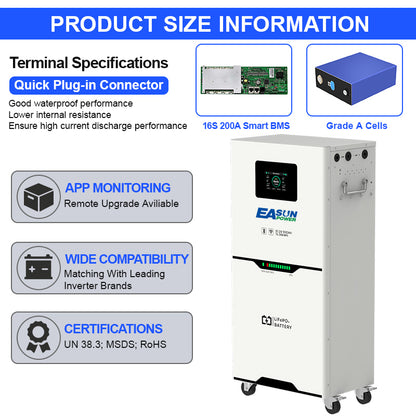 Batteria LiFePO4 15 kWh 48 V (51,2 V nominale) 300 Ah per Accumulo Solare/Fotovoltaico/Off-Grid | EASUN