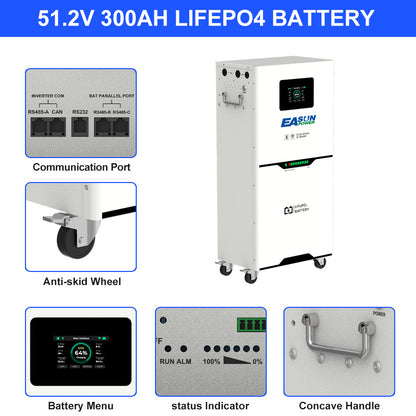 Batteria LiFePO4 15 kWh 48 V (51,2 V nominale) 300 Ah per Accumulo Solare/Fotovoltaico/Off-Grid | EASUN