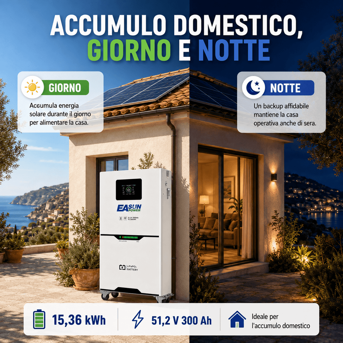 Batteria Litio Fotovoltaico 15kWh 51.2V (300Ah) EASUN | Schermo Touch LCD