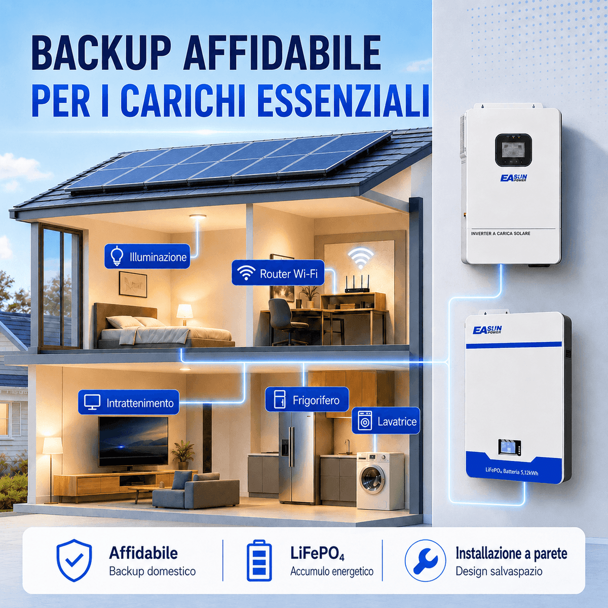 Batteria Accumulo Solare LiFePO4 5kWh 51.2V 100Ah da Parete | Easun