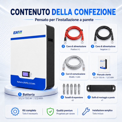Batteria Accumulo Solare LiFePO4 5kWh 51.2V 100Ah da Parete | Easun