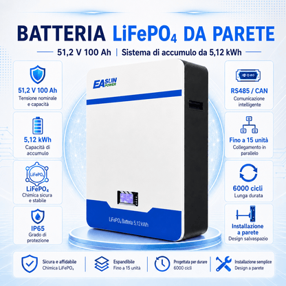 Batteria Accumulo Solare LiFePO4 5kWh 51.2V 100Ah da Parete | Easun