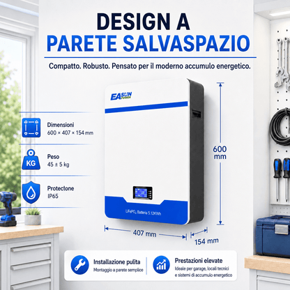Batteria Accumulo Solare LiFePO4 5kWh 51.2V 100Ah da Parete | Easun