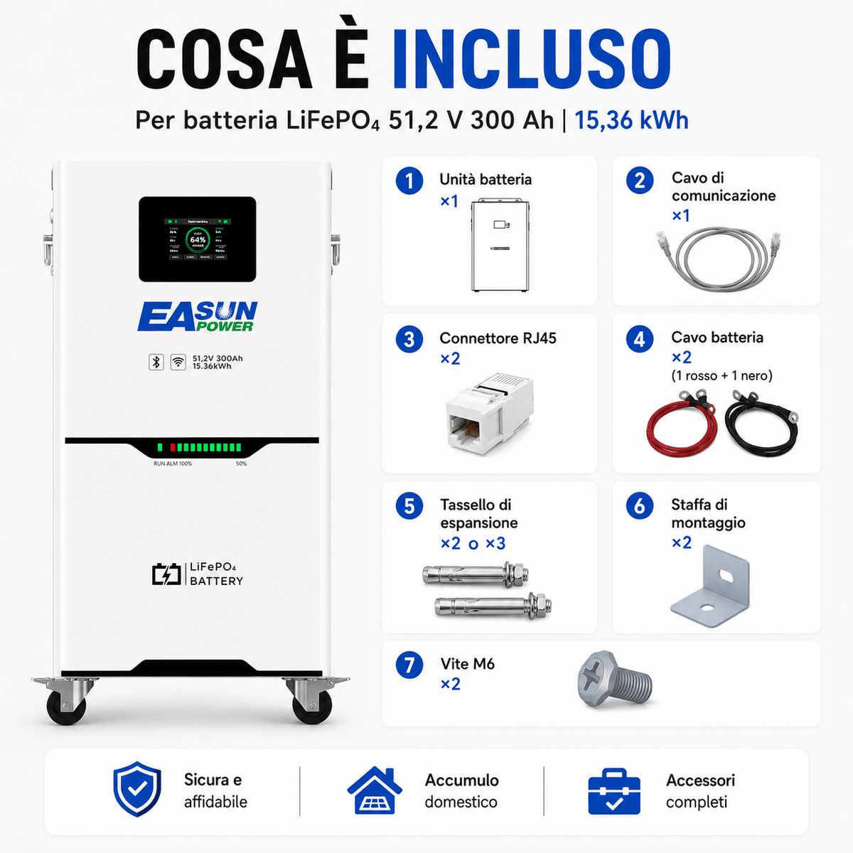 Batteria Litio Fotovoltaico 15kWh 51.2V (300Ah) EASUN | Schermo Touch LCD