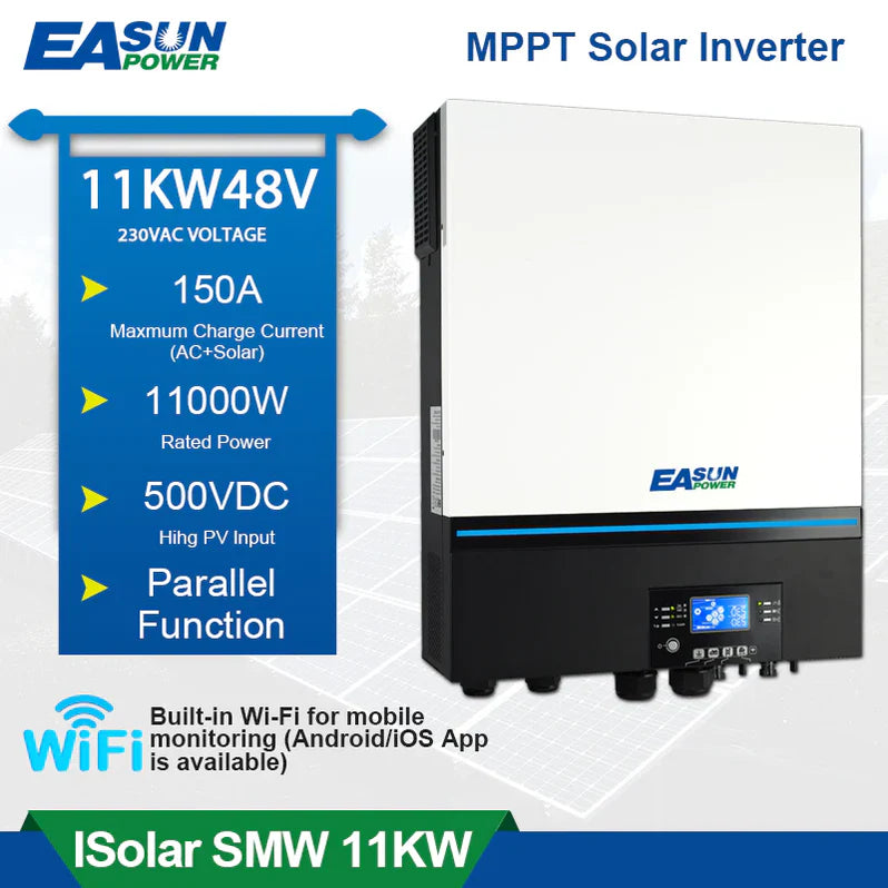 Inverter Solare Ibrido Off-Grid 11kW 48V Doppio MPPT 2×150A WiFi Parallelo Trifase | Easun